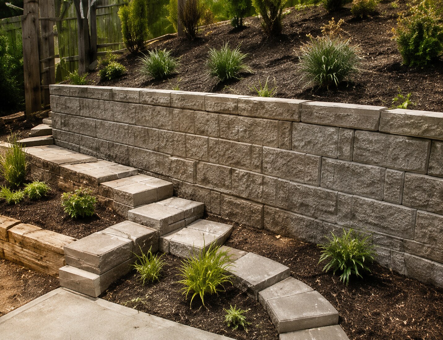 Landscaped stone retaining wall and steps
